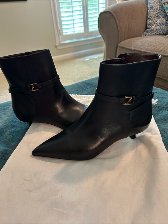 Franco Sarto Shoes - Franco Sarto Black Leather Pointed-Toe Ankle Booties with Gold Z Accent